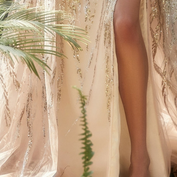 Champagne gold or blue gold fitted glitter new long gown with wrap skirt - Picture 5 of 12